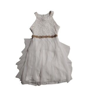 My Michelle Girls White Lace Tulle Dress‎ Gold Rhinestone Waist Size 10 Formal